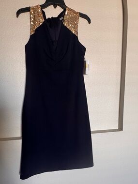 SLNY Black Midi Dress with Gold Sequin Shoulders